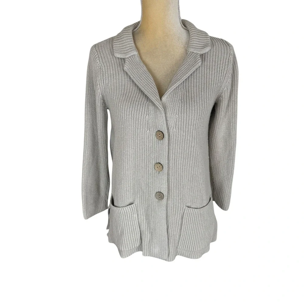 J.Jill Button‎ Front Knit Cardigan Sweater Pockets Collar Beige Cotton Blend S